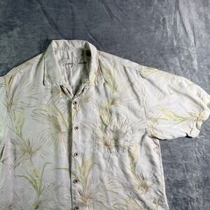 Tommy Bahama Silk Button Up Shirt Tropical Palm Tree Print Beige Large